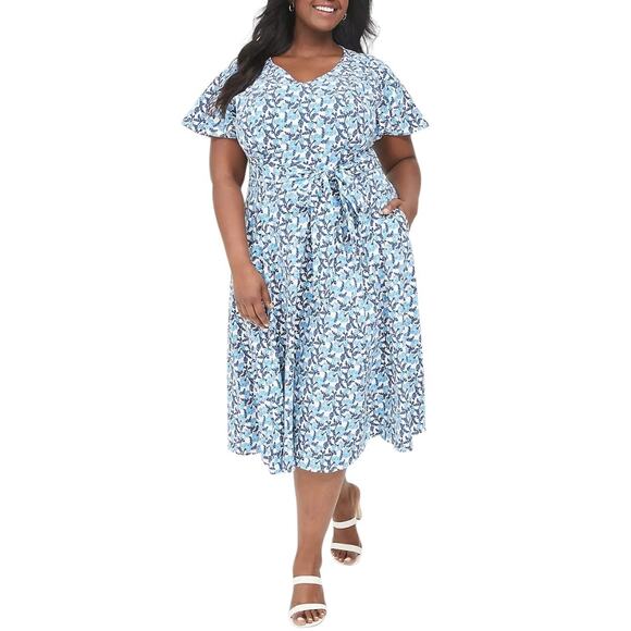 Lane Bryant Blue Floral Blue/White Lena V-Neck Midi Dress Size 14 - Picture 1 of 8